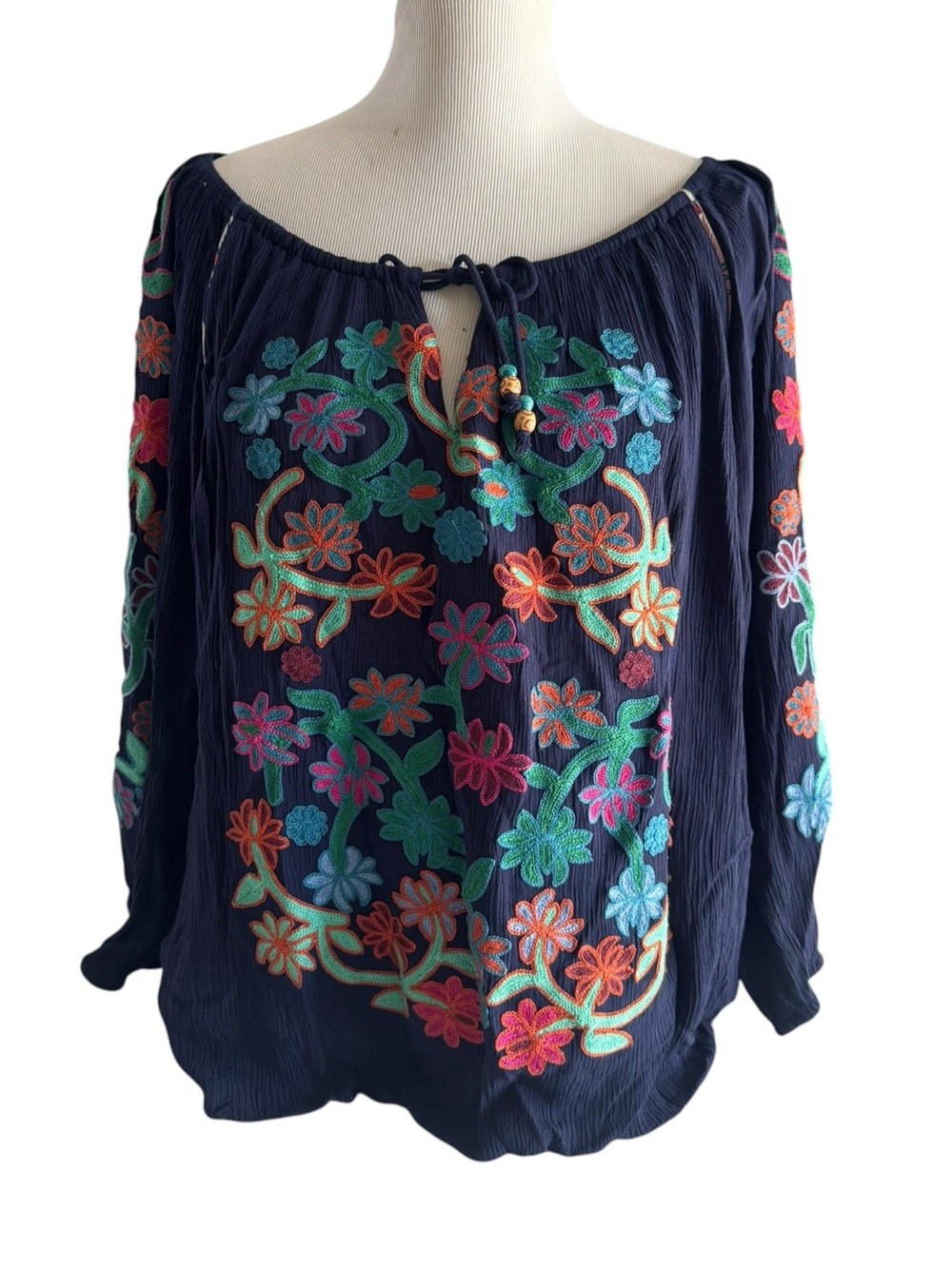 John Mark Navy Embroidered Floral Boho Blouse Size 2X